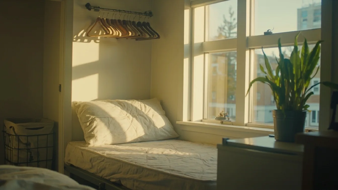 A small North American studio dorm room in soft morning light, with a slim quilted mattress pad on a twin XL bed frame, a row of slim velvet hangers on an over-the-door hook rail catching window light, and a collapsible fabric laundry basket tucked between the bed and a mini fridge.