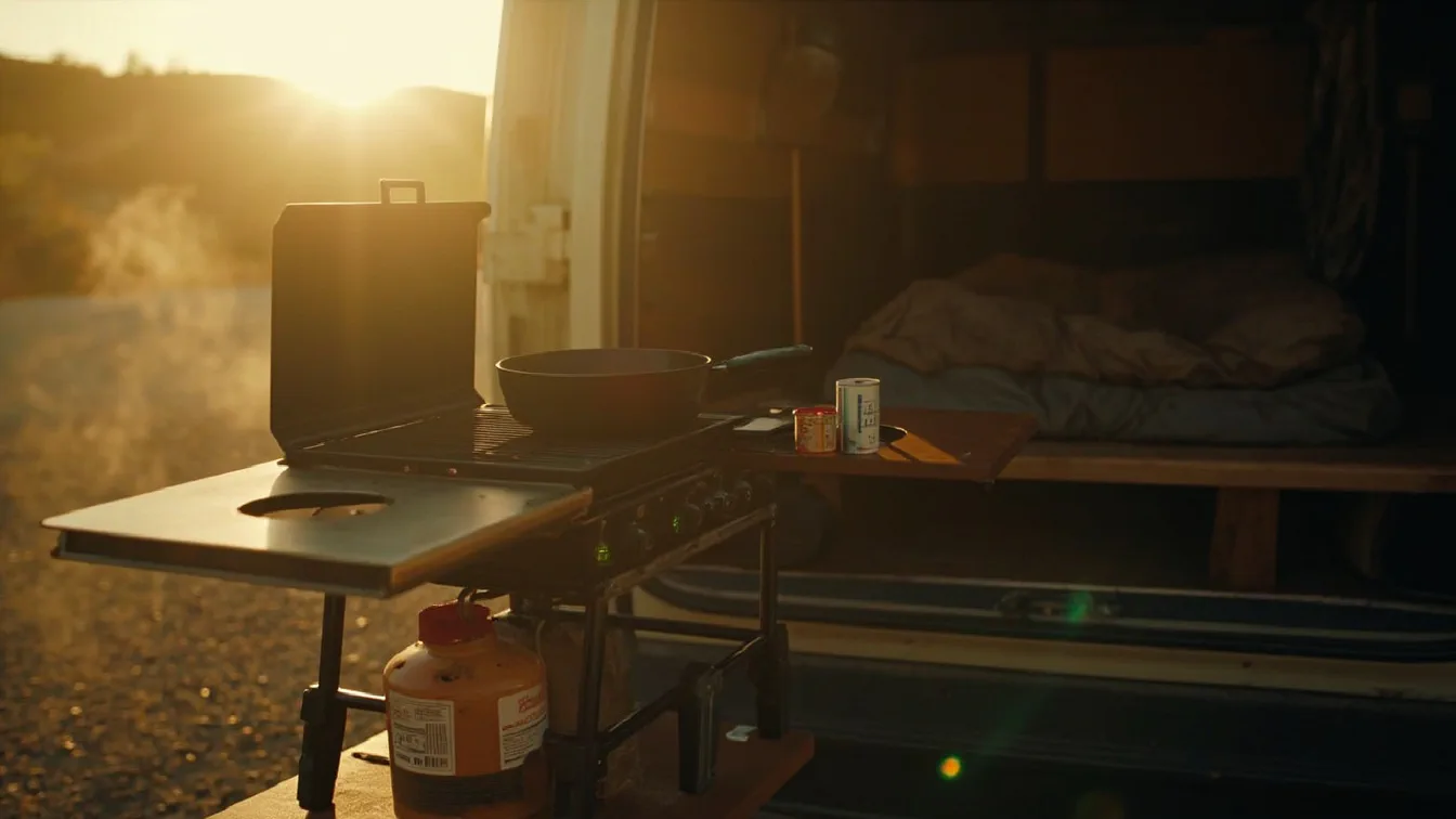 A portable propane griddle set up on a pull-out tailgate table at a camper van campsite at golden hour, with side shelves holding a cast iron skillet, a tall windbreak panel deployed on the leeward side, and the van's open sliding door showing a dim warm interior with a folded sleeping bag.