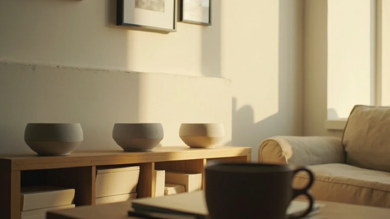 A small 800 sq ft apartment living room in soft afternoon light with three identical compact white cylindrical mesh WiFi nodes spaced across a low bookshelf, a slim laptop and a ceramic coffee mug on a window-side desk, a thick plaster wall with two framed art prints behind the shelf, and a beige sofa off to the right — no wall drilling, no ethernet runs, no permanent install.