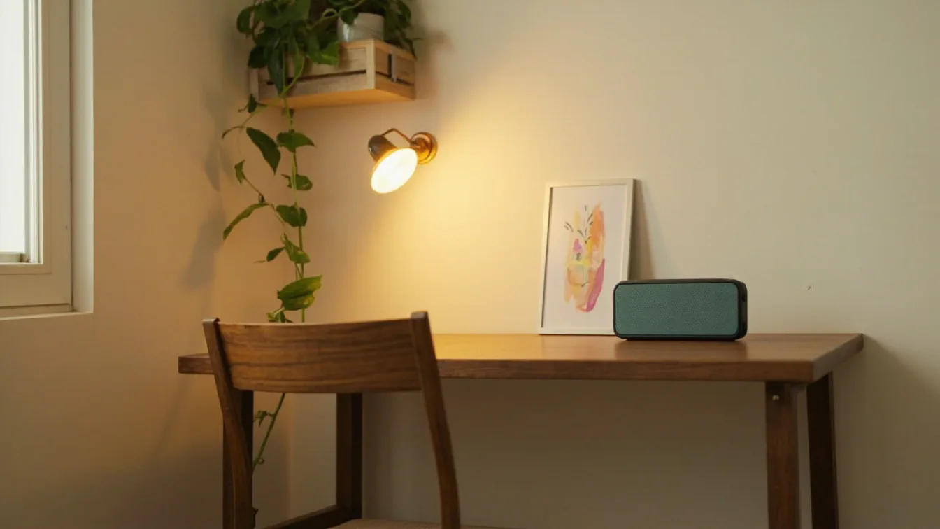A tidy small apartment desk corner at midday, with a slim waterproof Bluetooth speaker standing at one end, a dimmable USB-C lamp casting a soft warm circle of light, a tiny framed art print leaning on the wall, and a trailing pothos vine drooping from a no-drill wall shelf — the desk otherwise nearly empty on a 12-inch counter.