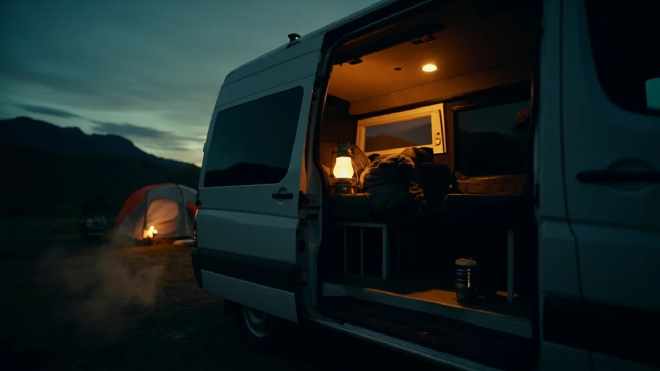 A camper van campsite at dusk, the side door fully open revealing a soft warm interior with a USB-charged lantern glowing on a magnetic mount, a soft-packable down blanket rolled across the bench seat, a magnetic mesh screen door closed against the van frame, and a small butane mosquito repellent set on the ground outside — the warm pool of interior light contrasting against the cold blue twilight.