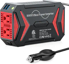 BESTEK Pure Sine Wave Power Inverter - 300W Car Plug in Charger Outlet DC 12V to 110V AC - Cigarette Lighter Adapter 4.8A Dual USB Fast Charging Ports for Phone, Laptop, CPAP - Black