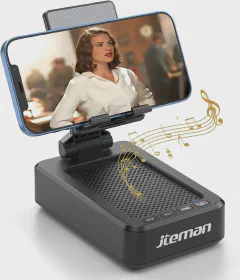 JTEMAN Cell Phone Stand with Bluetooth Speaker, HD Stereo Sound & Anti-Slip Base, Foldable Adjustable Desktop Phone Holder for Home Office, Cool Tech Gadgets Birthday Gifts for Men Women (Black)