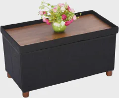 30 Inches Storage Ottoman Bench, Storage Bench with Wooden Legs for Living Room Ottoman Foot Rest Removeable Lid for Bedroom End of Bed, Linen Fabric, Folding Black Ottoman