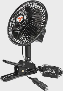 XGGYA 12V oscillating clip fan mounted on a van dashboard with cigarette lighter plug connected