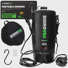 Rhino USA 5 Gal / 20L Portable Solar Camp Shower Essential for Camping Festivals Overlanding Beach Trips Outdoor Shower w/ Pump & Thermometer