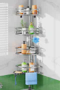 HAMITOR Shower Caddy Tension Pole: Rustproof Quick Install Corner Bathroom Organizer Shelf on Floor for Renters - 4-Tier Large Capacity Storage Rack with Soap Holder for Apartment -47-121 Inch/Silver