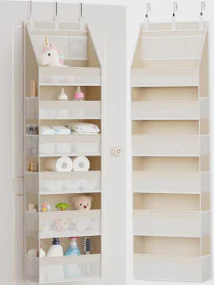 Criusia Over the Door Organizer, 6-Shelf Closet Hanging Storage with 13 Mesh Pockets, 55lbs Capacity Behind the Door Storage for Baby Nursery, Bathroom, Pantry, Dorm