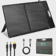 HQST 100W foldable solar panel deployed on a van roof with kickstands, charging a portable power station in midday sun